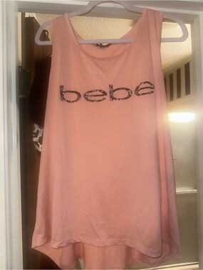 bebe Peach-Pink Logo Tank Top with black and white bandana print Bebe one x soft